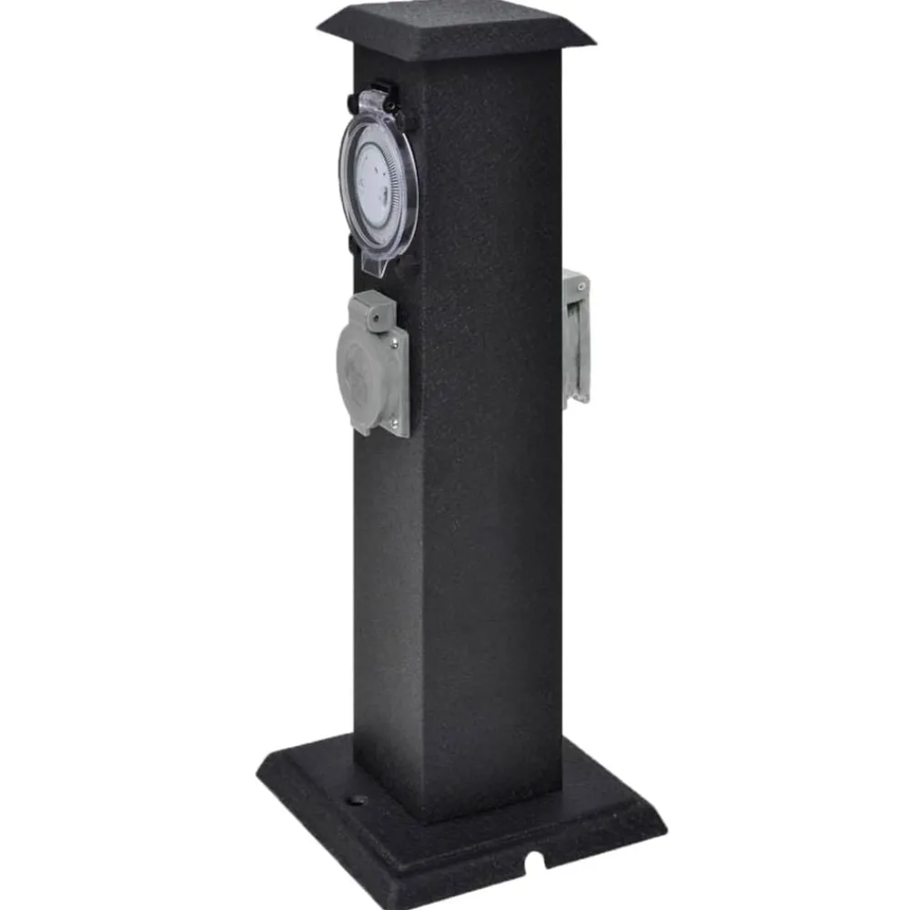vidaXL Suministros Eléctricos-Columna negra con enchufe y temporizador para el jardín