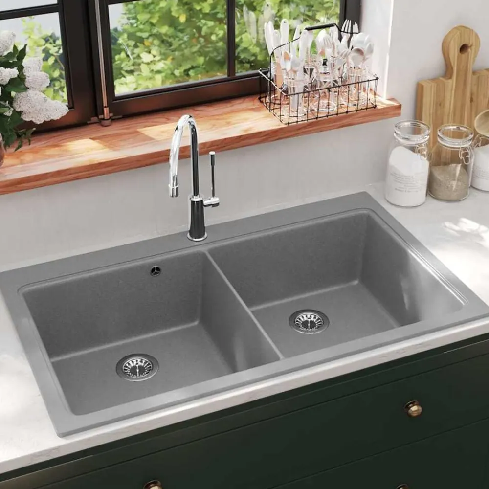 vidaXL Fregadero encastrable de granito de dos cubetas Gris Discount