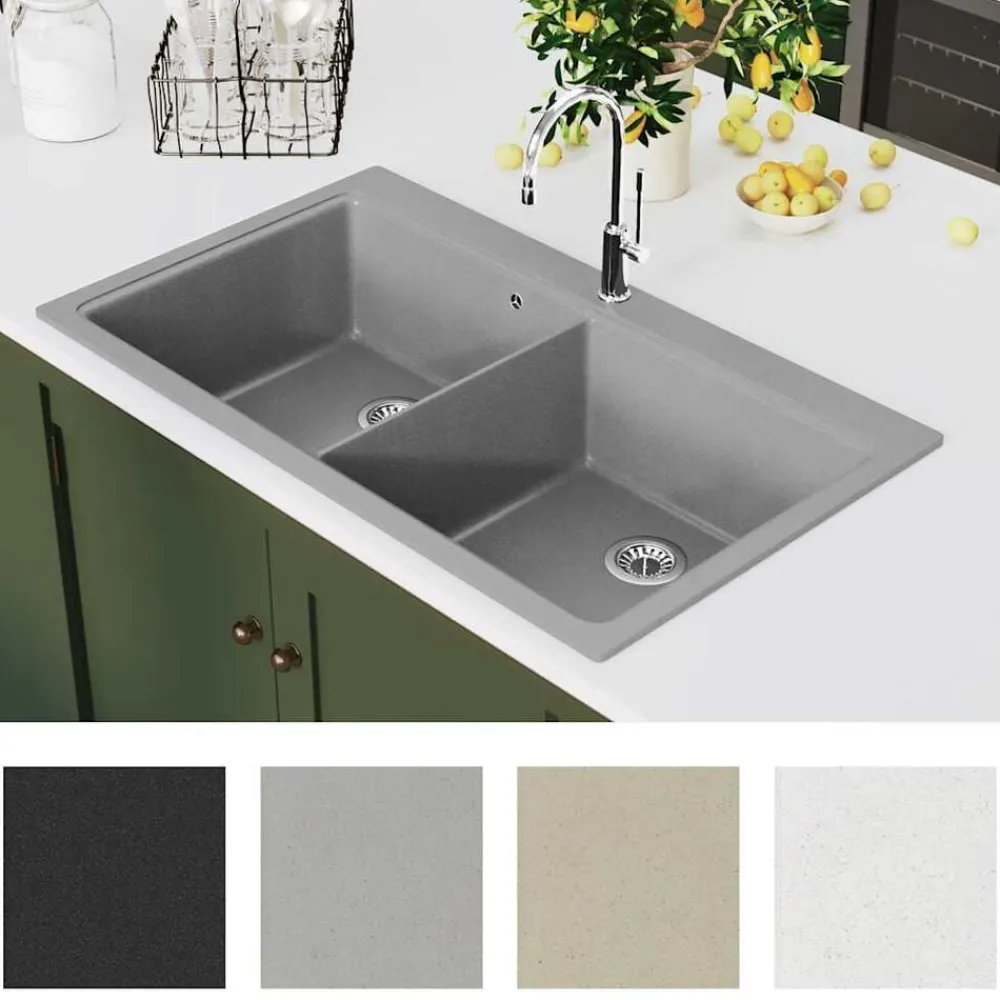 vidaXL Fregadero encastrable de granito de dos cubetas Gris Discount