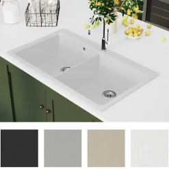 vidaXL Fregadero encastrable de granito de dos cubetas Blanco Clearance