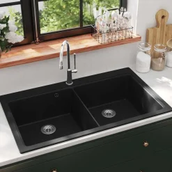 vidaXL Fregadero encastrable de granito de dos cubetas Negro Outlet
