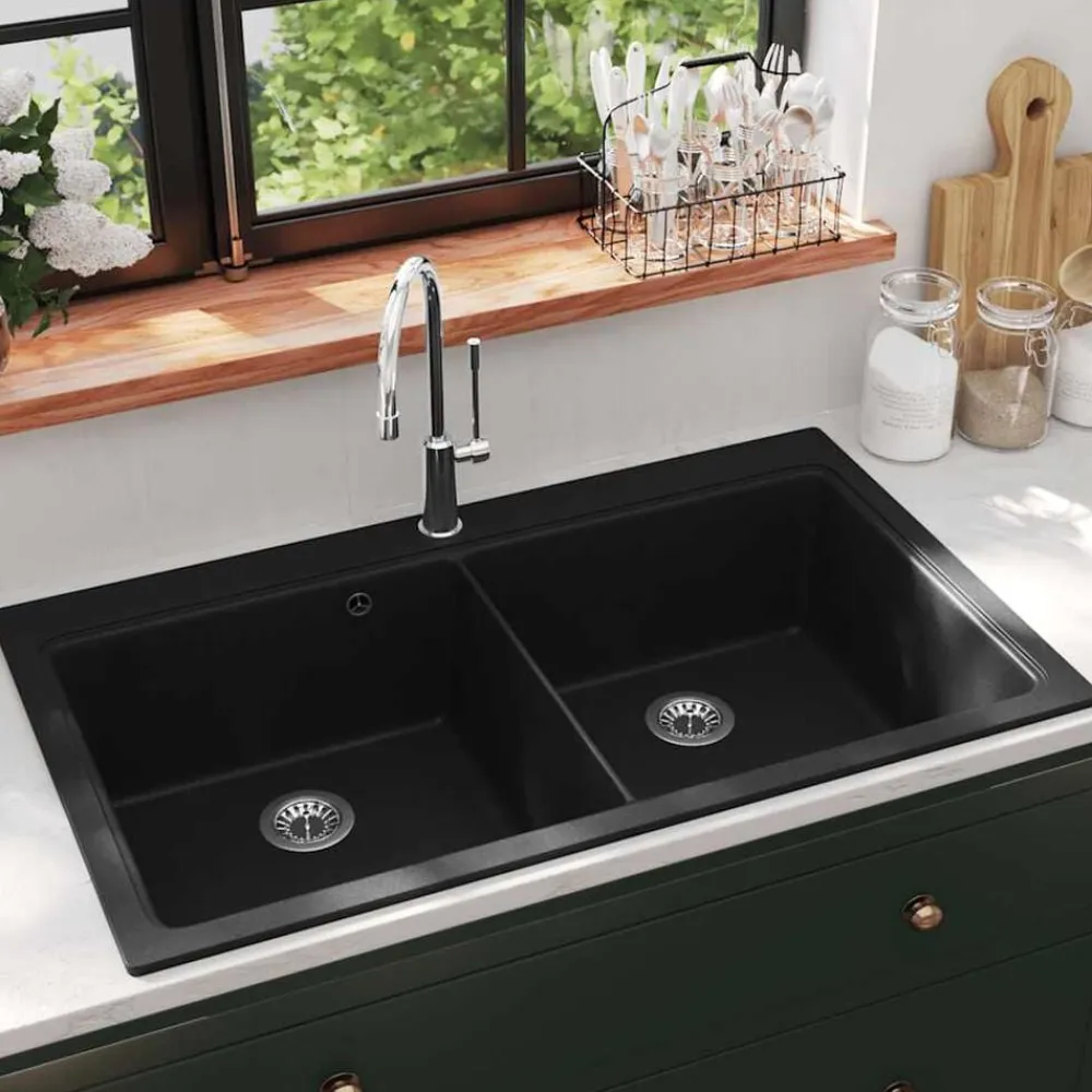vidaXL Fregadero encastrable de granito de dos cubetas Negro Outlet