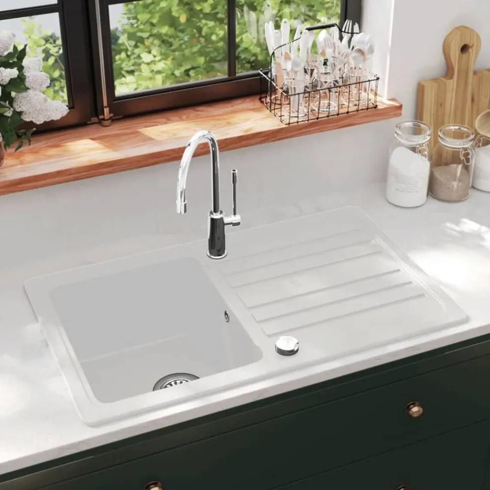 vidaXL Fregadero reversible de granito una cubeta escurridor Blanco Hot