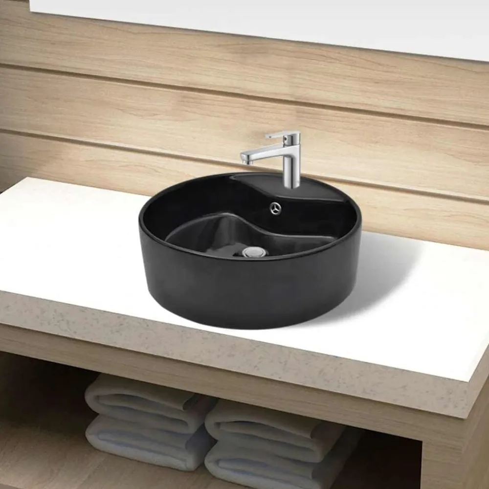 vidaXL Lavabo de cerámica con agujero para grifo/desagüe redondo Negro Hot