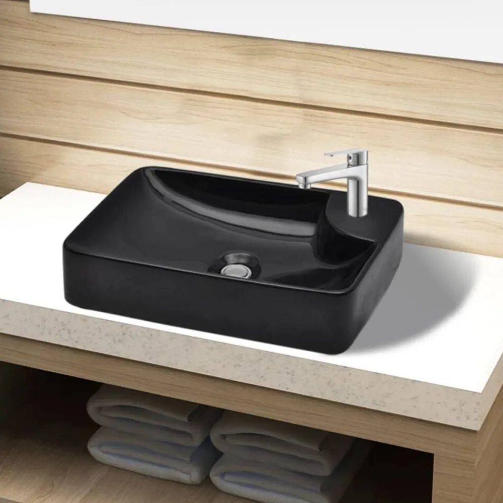 vidaXL Lavabo de cerámica con agujero para grifo Negro