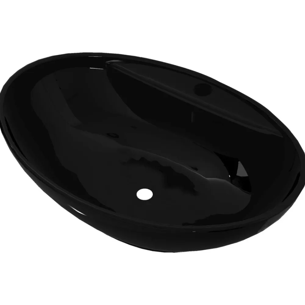 vidaXL Lavabo de cerámica con agujero para grifo/desagüe ovalado Negro Sale