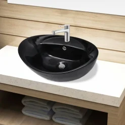 vidaXL Lavabo de cerámica con agujero para grifo/desagüe ovalado Negro Sale