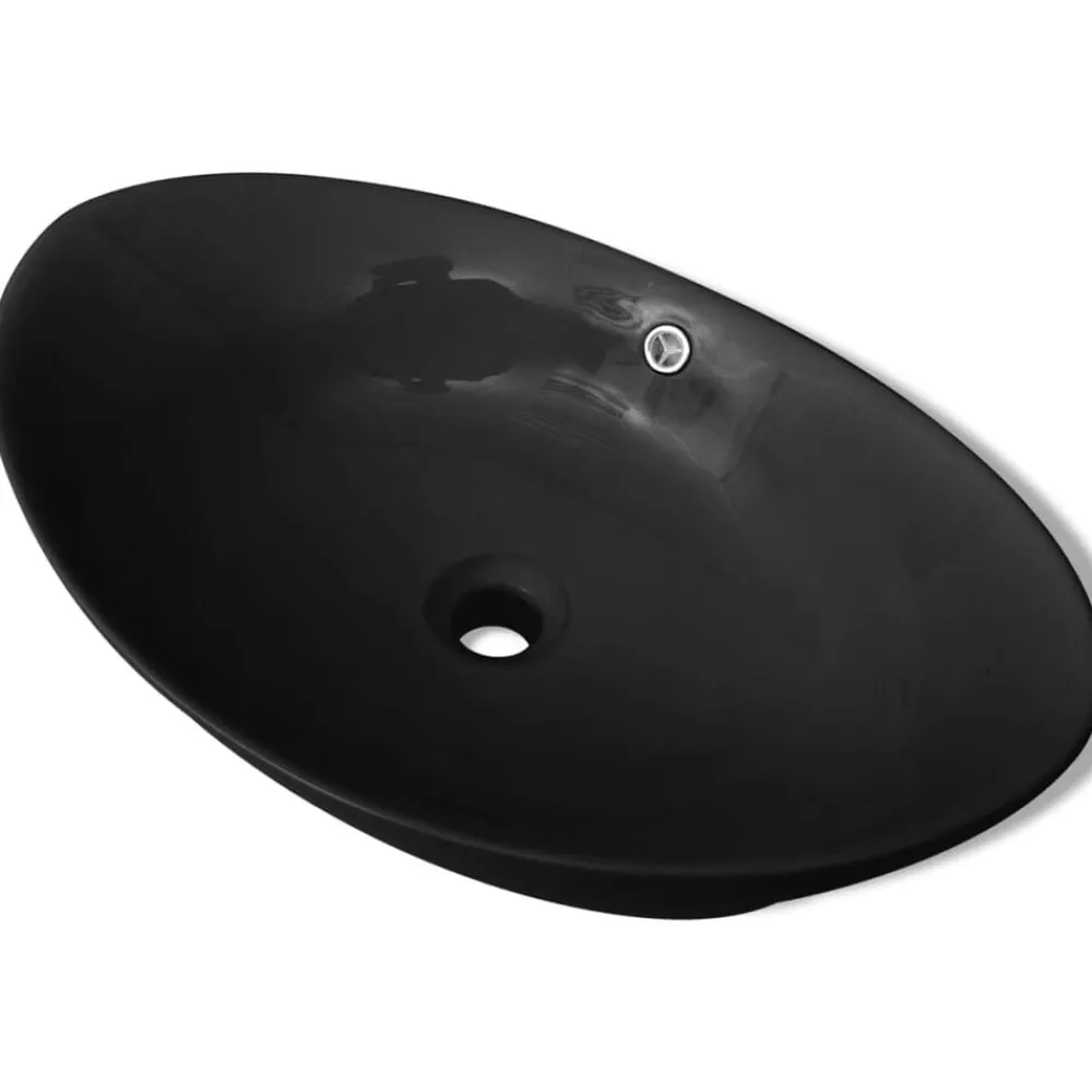 vidaXL Fontanería-Lavabo Oval de cerámica negra de lujo con desagüe, 59 x 38,5 cm