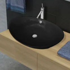 vidaXL Fontanería-Lavabo Oval de cerámica negra de lujo con desagüe, 59 x 38,5 cm