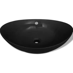vidaXL Fontanería-Lavabo Oval de cerámica negra de lujo con desagüe, 59 x 38,5 cm