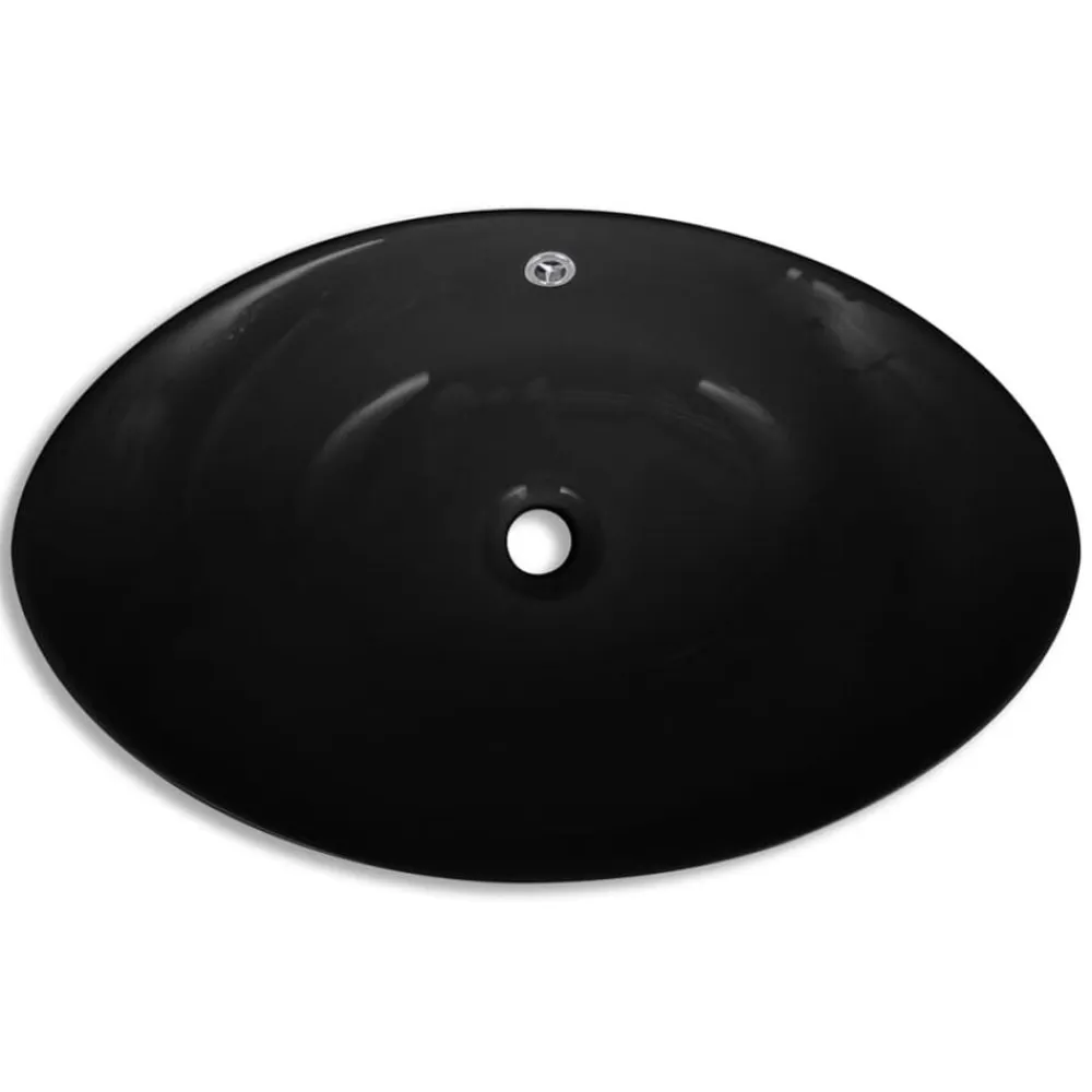 vidaXL Fontanería-Lavabo Oval de cerámica negra de lujo con desagüe, 59 x 38,5 cm