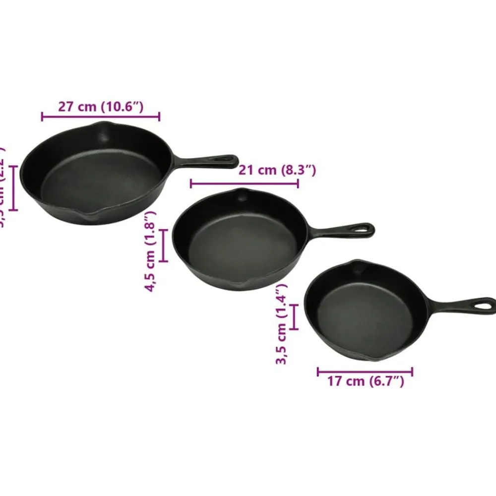 vidaXL Cocina Y Comedor-Set de 3 sartenes grill de hierro fundido