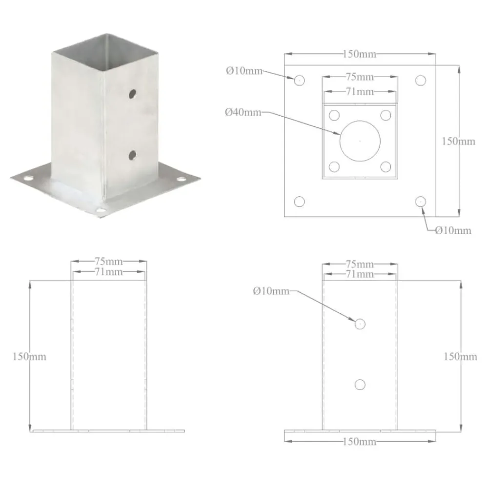 vidaXL Vallas De Jardín-Anclajes para postes 4 unidades metal galvanizados 71 mm