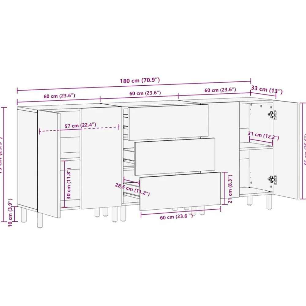 vidaXL Armarios Y Almacenamiento-Aparador 3 pcs Acabado de Lavado 180 x 33 x 75 cm