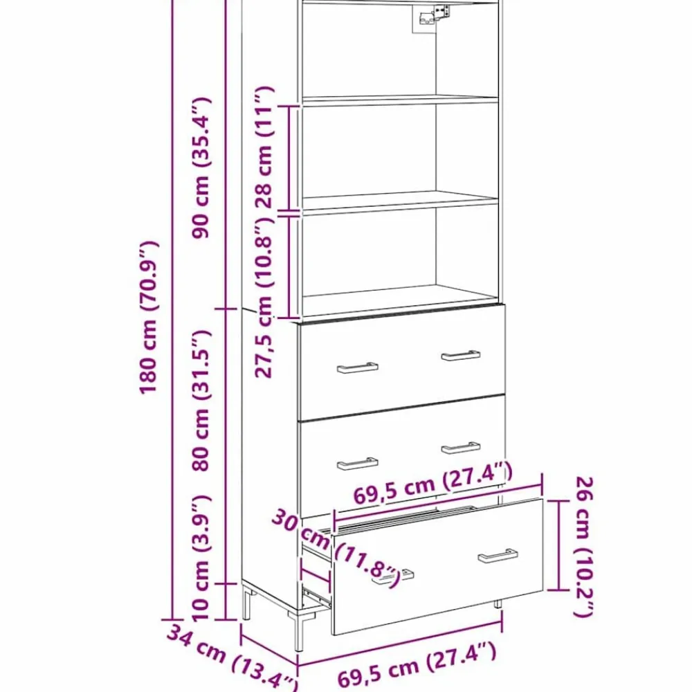 vidaXL Aparador alto con cajón Madera vieja 69,5 x 34 x 180 cm Madera envejecida New