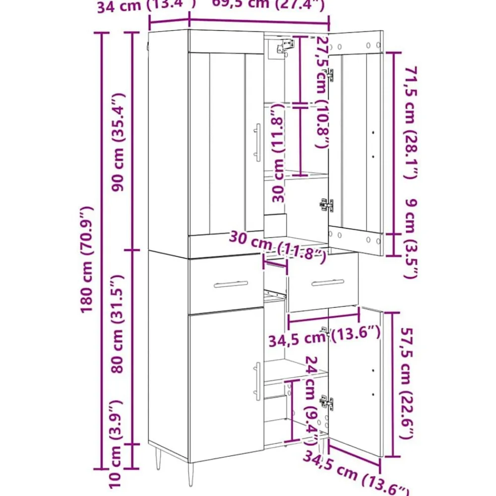vidaXL Aparador alto con cajón 2 pcs Madera de ingeniería Roble negro Clearance