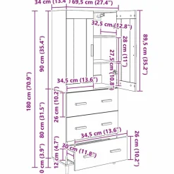 vidaXL Aparador alto con cajón 69,5 x 34 x 180 cm Roble negro New