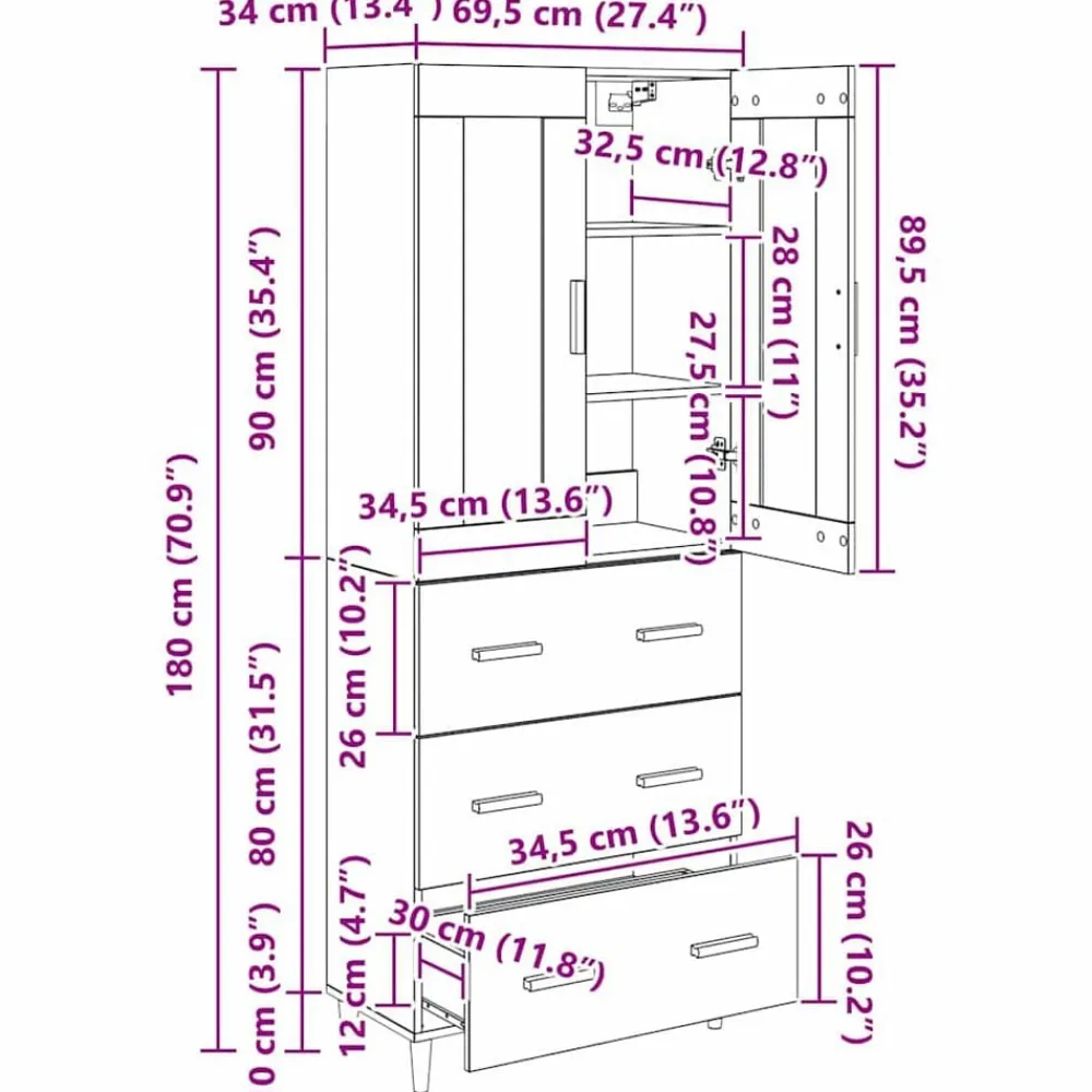 vidaXL Aparador alto con cajón 69,5 x 34 x 180 cm Roble negro New