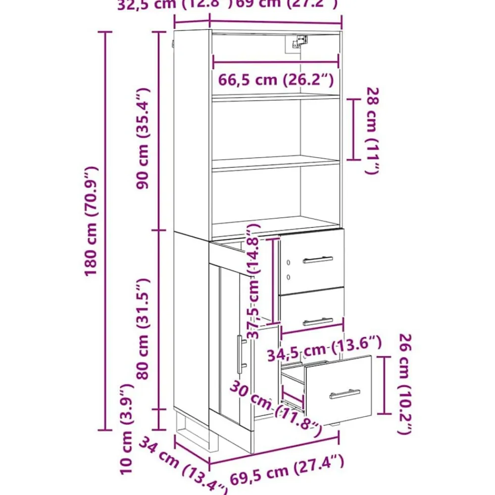 vidaXL Armarios Y Almacenamiento-Aparador alto con cajón 69,5 x 34 x 180 cm