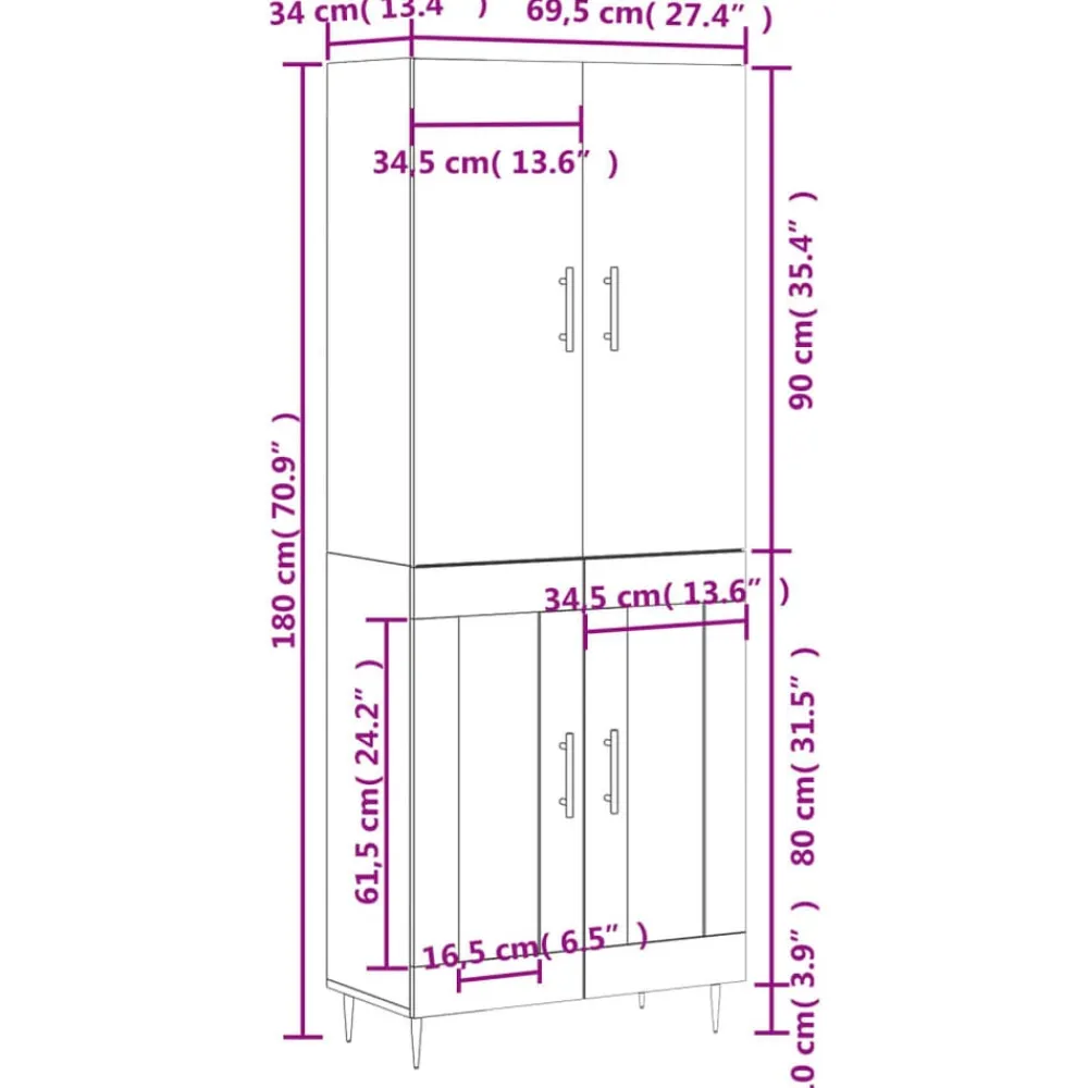 vidaXL Aparador alto madera contrachapada 69,5x34x180 cm Blanco Clearance