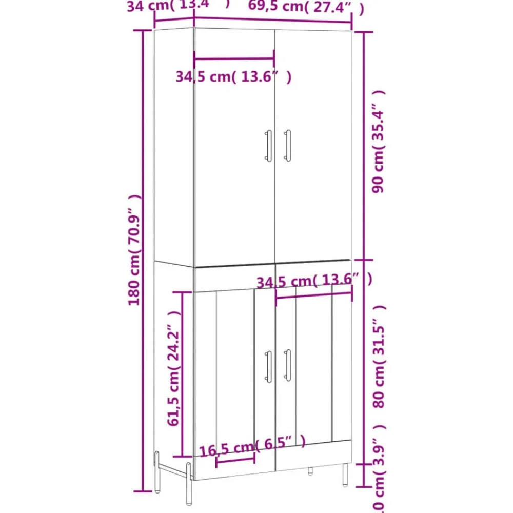 vidaXL Aparador alto madera contrachapada 69,5x34x180 cm Blanco Hot