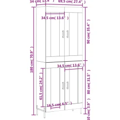 vidaXL Armarios Y Almacenamiento-Aparador alto madera contrachapada color roble 69,5x34x180 cm
