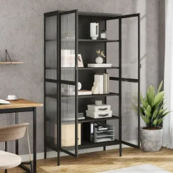 vidaXL Armarios Y Almacenamiento-Aparador alto vidrio y acero negro 85x40x180 cm