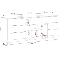 vidaXL Armarios Y Almacenamiento-Aparador con cajón 3 pcs 181 x 30 x 70 cm