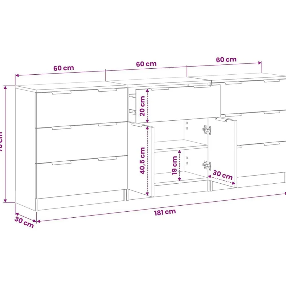 vidaXL Armarios Y Almacenamiento-Aparador con cajón 3 pcs 181 x 30 x 70 cm