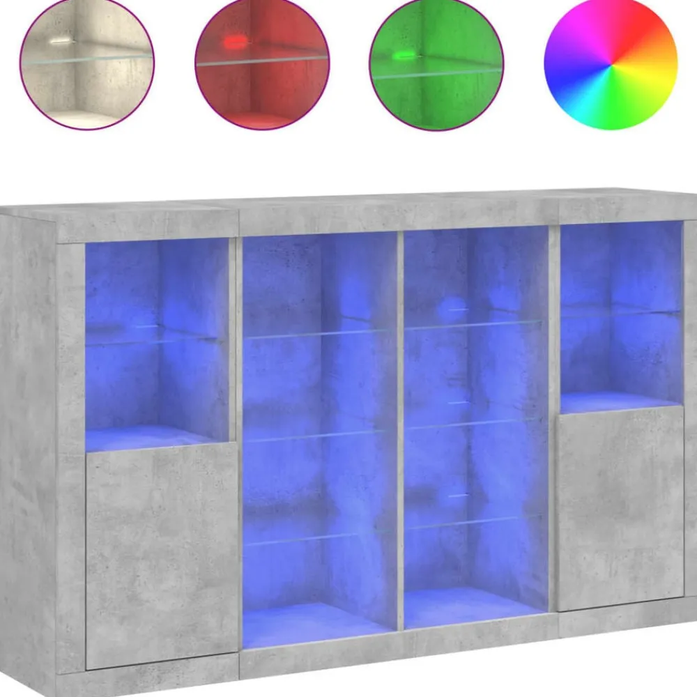 vidaXL Aparador con luz LED 3 pzas madera de ingeniería gris hormigón Gris hormigón Online