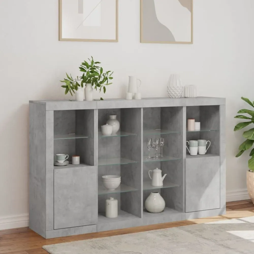 vidaXL Aparador con luz LED 3 pzas madera de ingeniería gris hormigón Gris hormigón Online