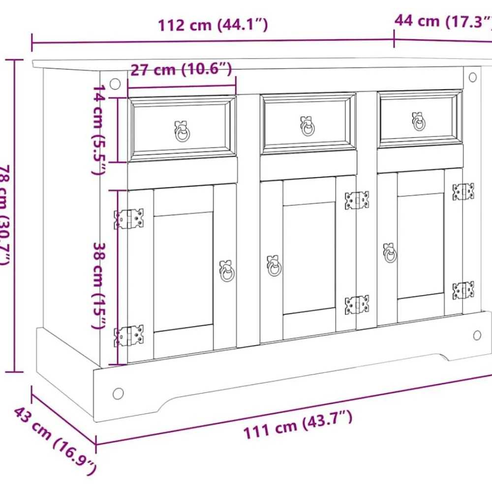 vidaXL Armarios Y Almacenamiento-Aparador Corona madera maciza pino mexicano 112x43x78 cm