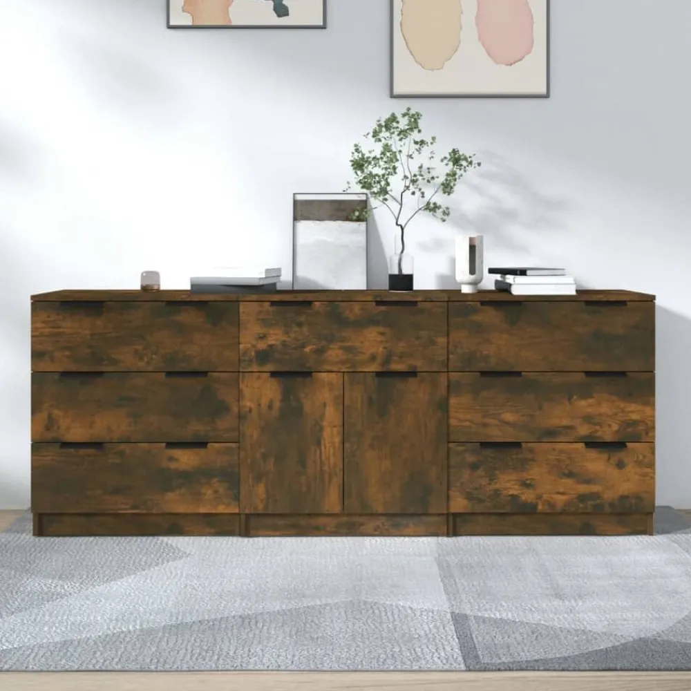 vidaXL Aparador de 3 piezas madera contrachapada color Roble ahumado New