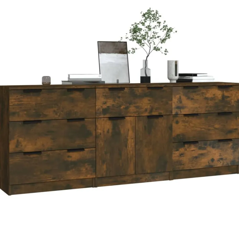 vidaXL Aparador de 3 piezas madera contrachapada color Roble ahumado New
