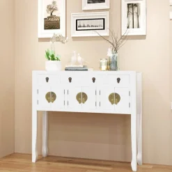 vidaXL Armarios Y Almacenamiento-Aparador de estilo chino de madera maciza blanco