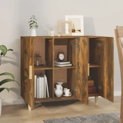 vidaXL Aparador de madera de ingeniería 90x34x80 cm Roble ahumado Sale