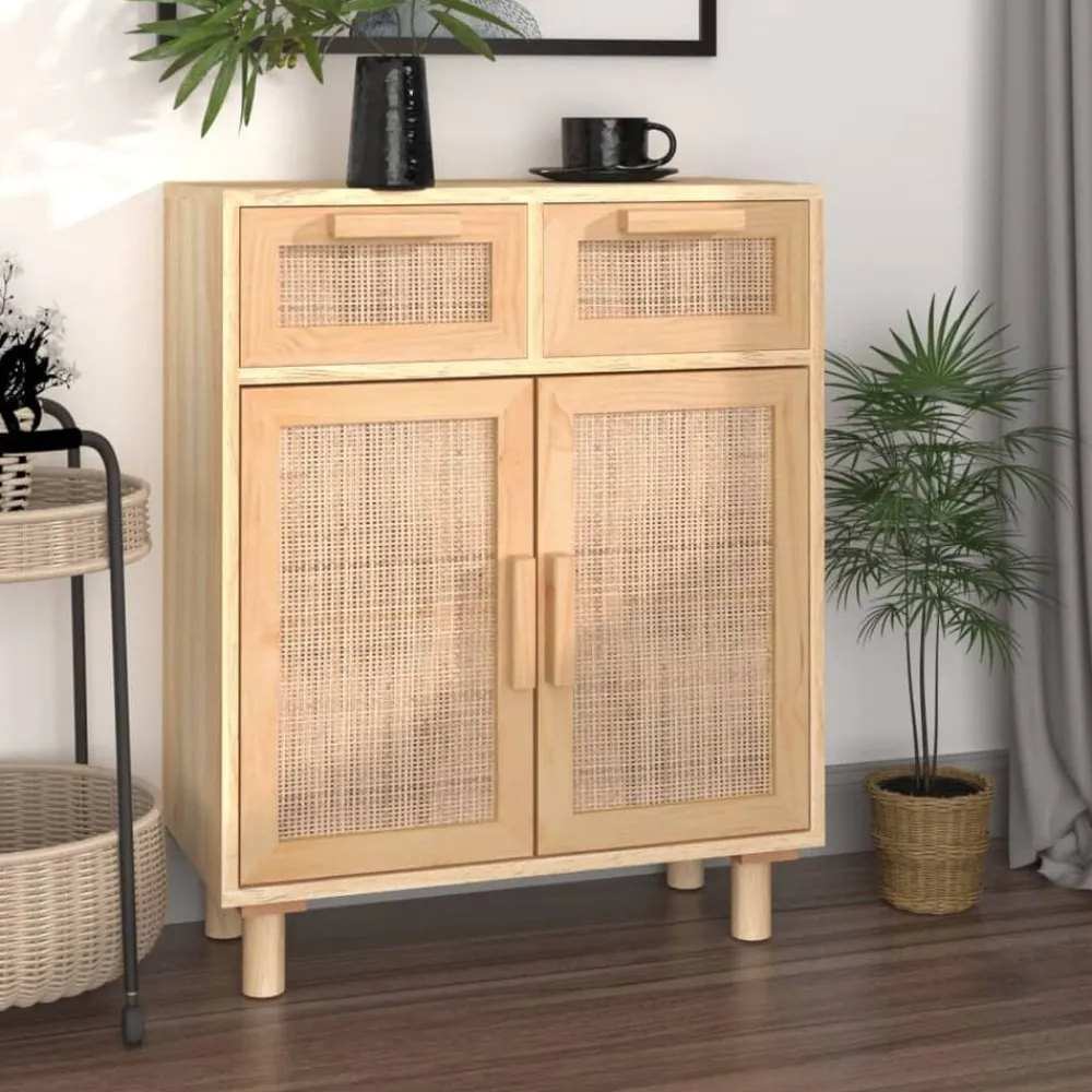vidaXL Aparador marrón madera pino maciza y ratán natural 60x30x75 cm Marrón Hot