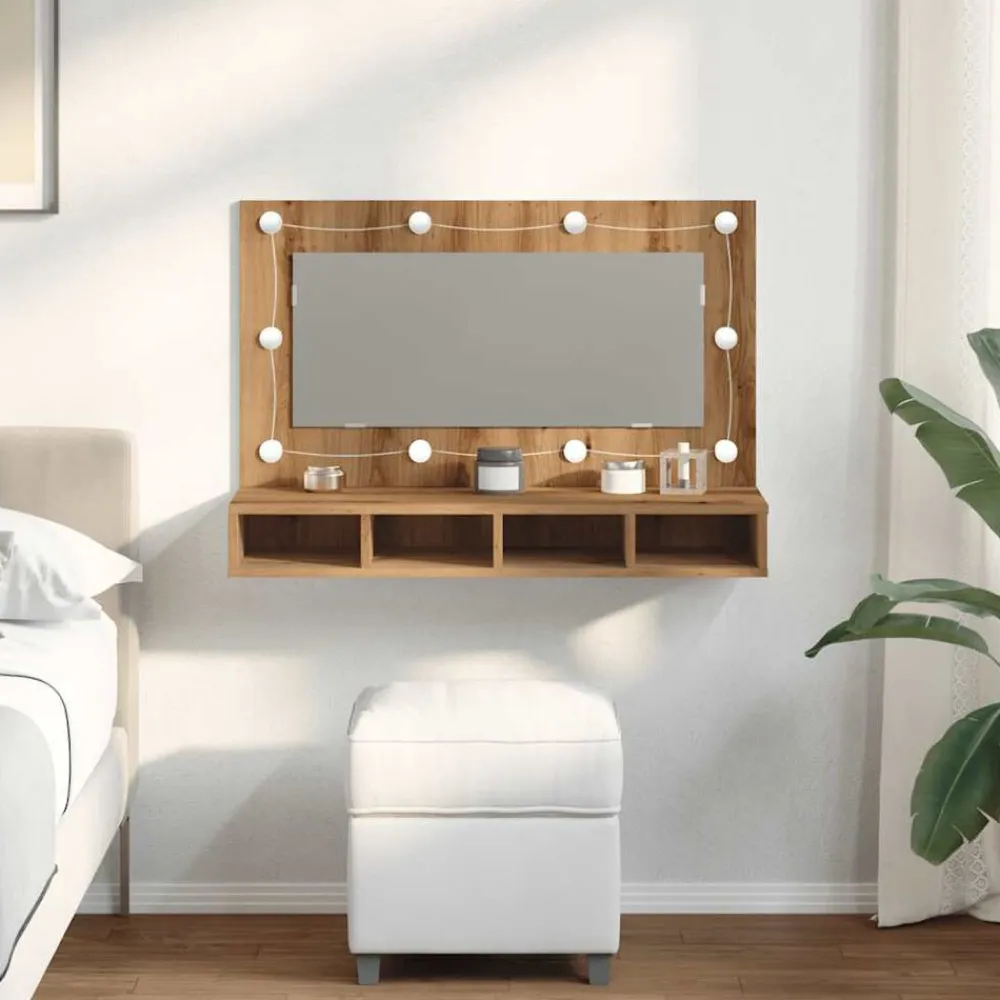 vidaXL Armarios Y Almacenamiento-Armario con espejo y LED Roble Artesano 90x31,5x62 cm