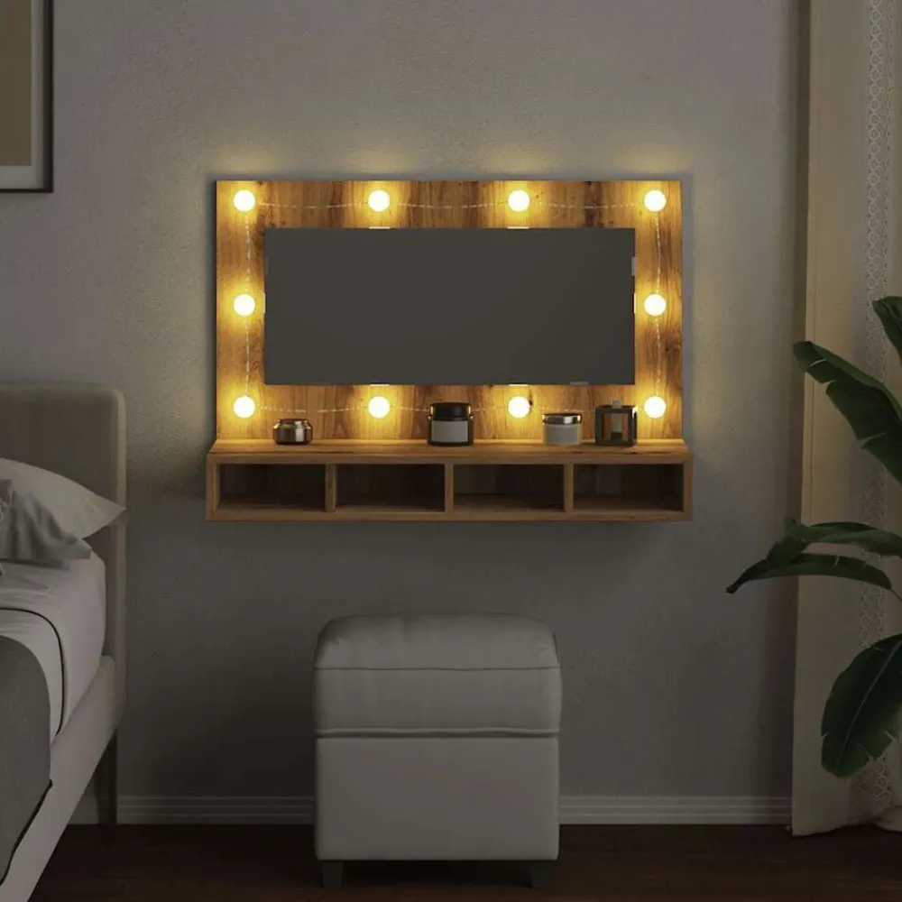 vidaXL Armarios Y Almacenamiento-Armario con espejo y LED Roble Artesano 90x31,5x62 cm