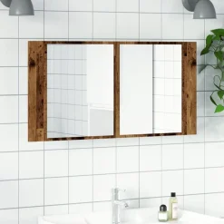 vidaXL Armario con espejo LED madera ingeniería envejecida 90x12x45 cm Madera antigua Hot