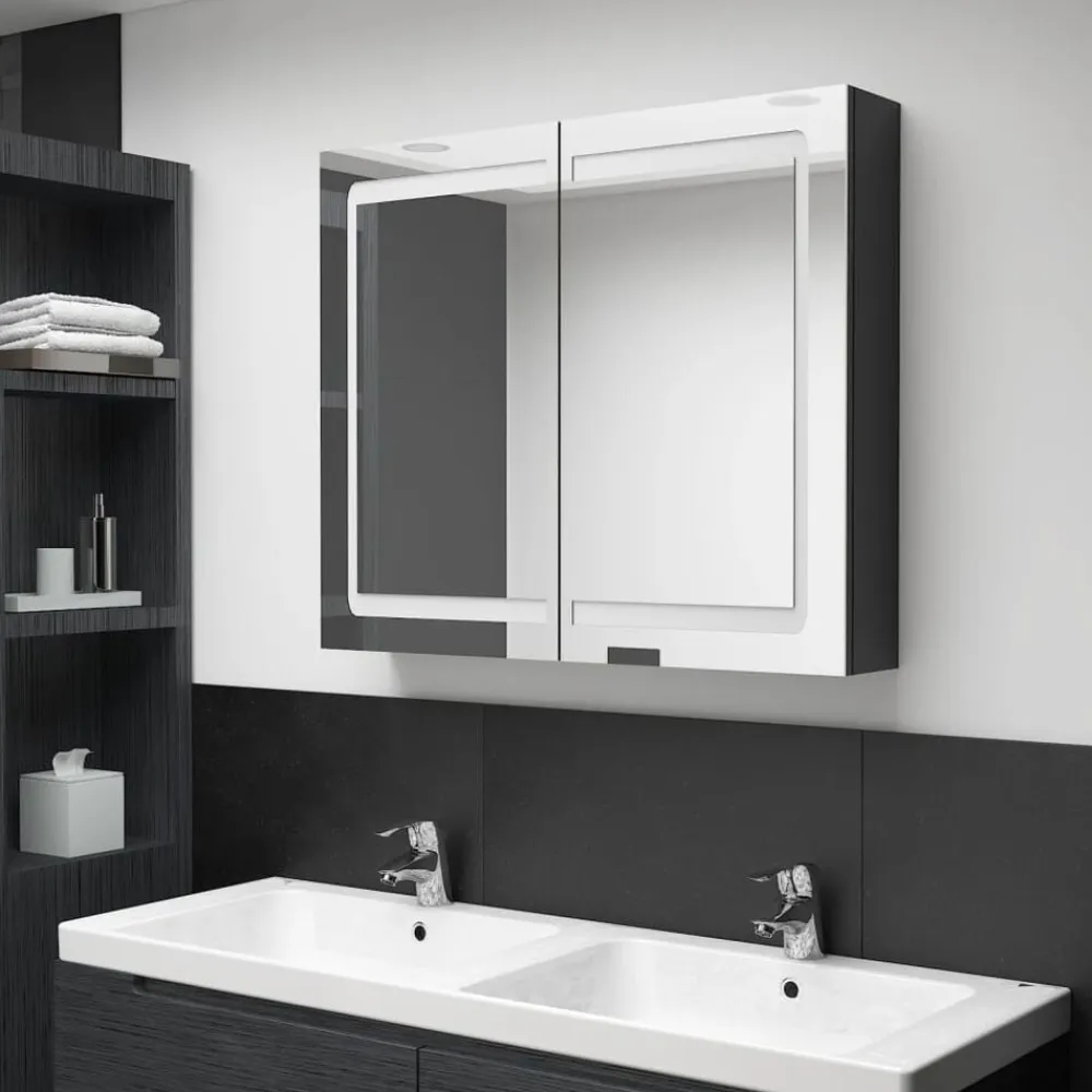 vidaXL Armario de baño con espejo LED negro brillante 80x12x68 cm Negro brillo Hot