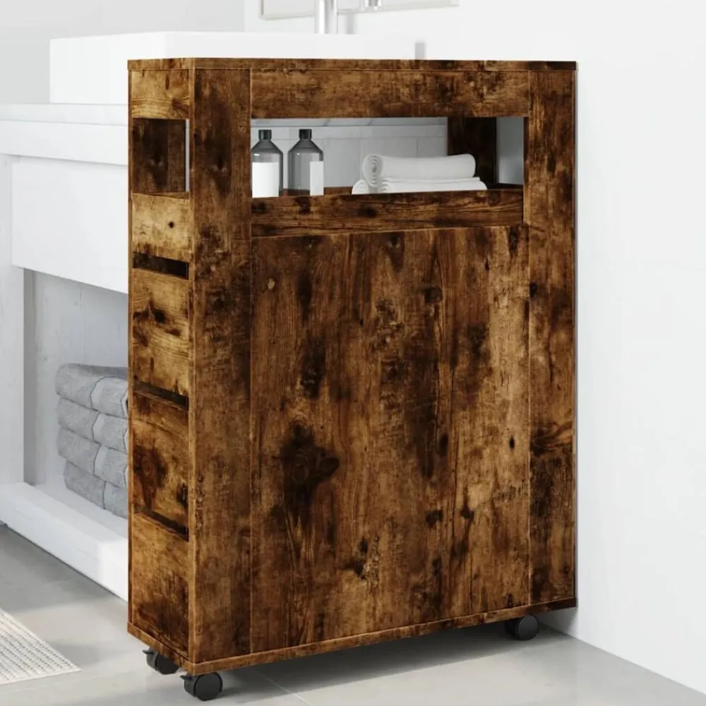 vidaXL Armarios Y Almacenamiento-Armario de baño estrecho con ruedas madera