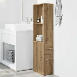 vidaXL Armarios Y Almacenamiento-Armario de baño estrecho con ruedas madera roble artisian