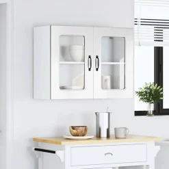 vidaXL Armarios Y Almacenamiento-Armario de cocina de pared con puerta de cristal "Kalmar" de, madera de ingeniería blanca brillante