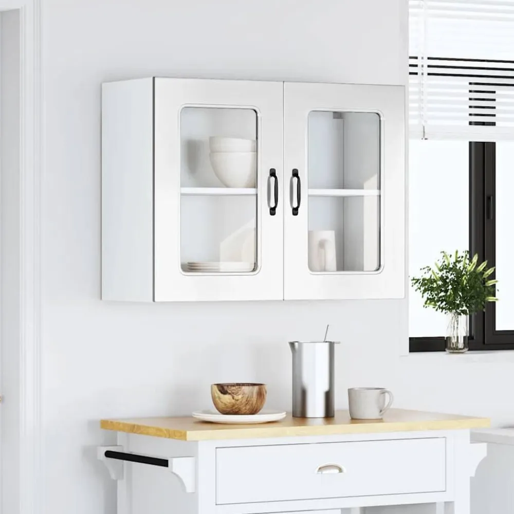 vidaXL Armarios Y Almacenamiento-Armario de cocina de pared con puerta de cristal "Kalmar" de, madera de ingeniería blanca brillante