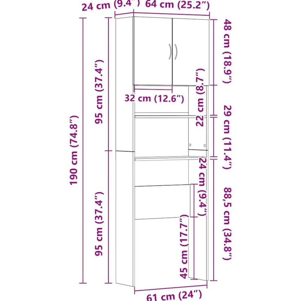 vidaXL Armario de lavadora madera ingeniería gris hormigón 64x24x190cm Gris hormigón Sale