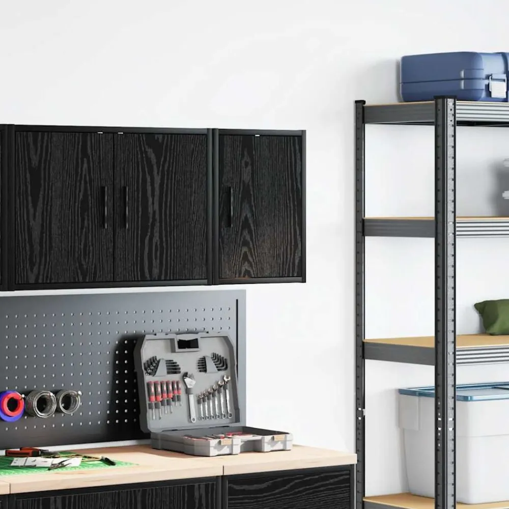 vidaXL Almacenamiento Industrial-Armario de pared para garaje madera de ingeniería negra