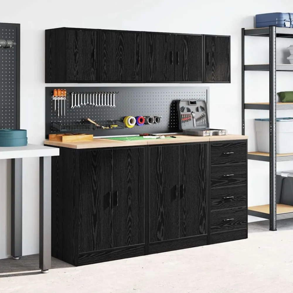 vidaXL Almacenamiento Industrial-Armario de pared para garaje madera de ingeniería negra