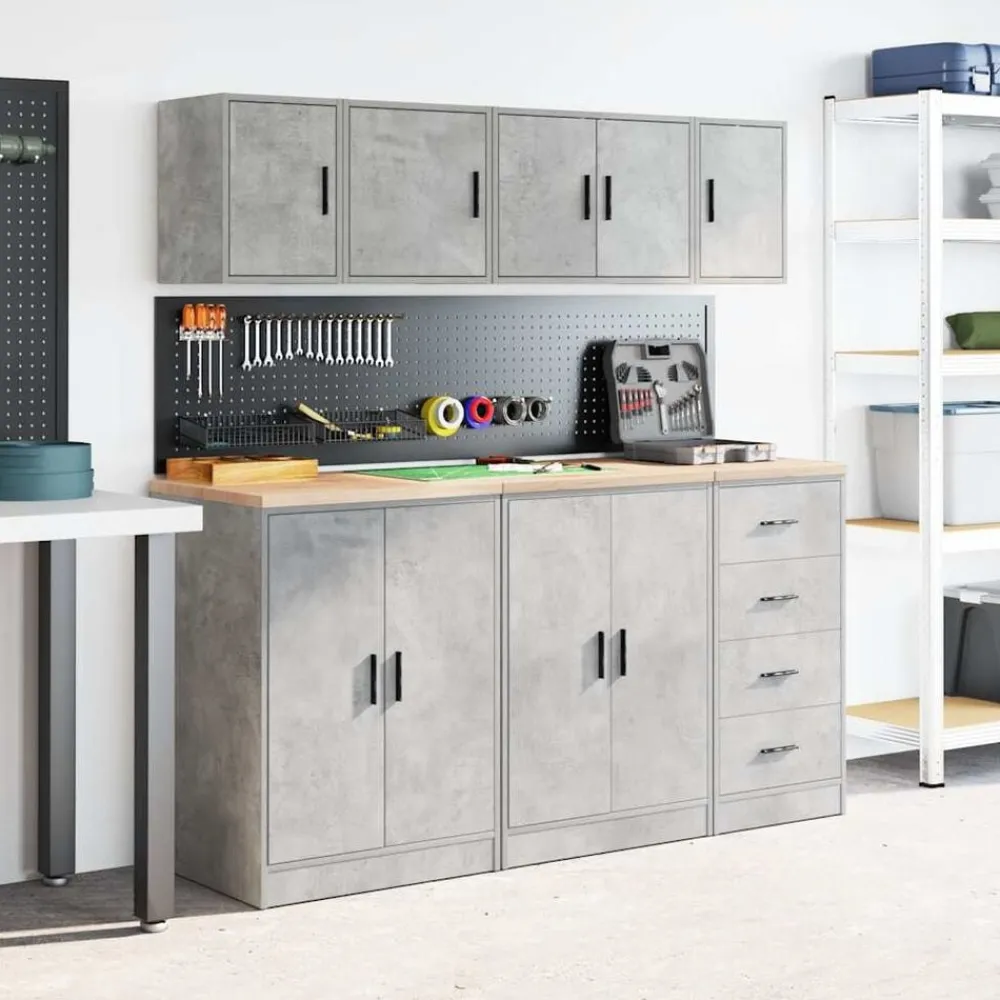 vidaXL Almacenamiento Industrial-Armario de pared para garaje madera de ingeniería gris hormigón