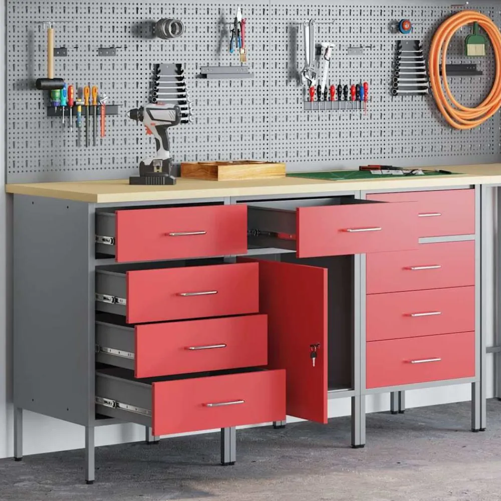 vidaXL Armario de trabajo con cajón 3 pcs y Gris 150 x 55 x 85 cm Rojo Clearance